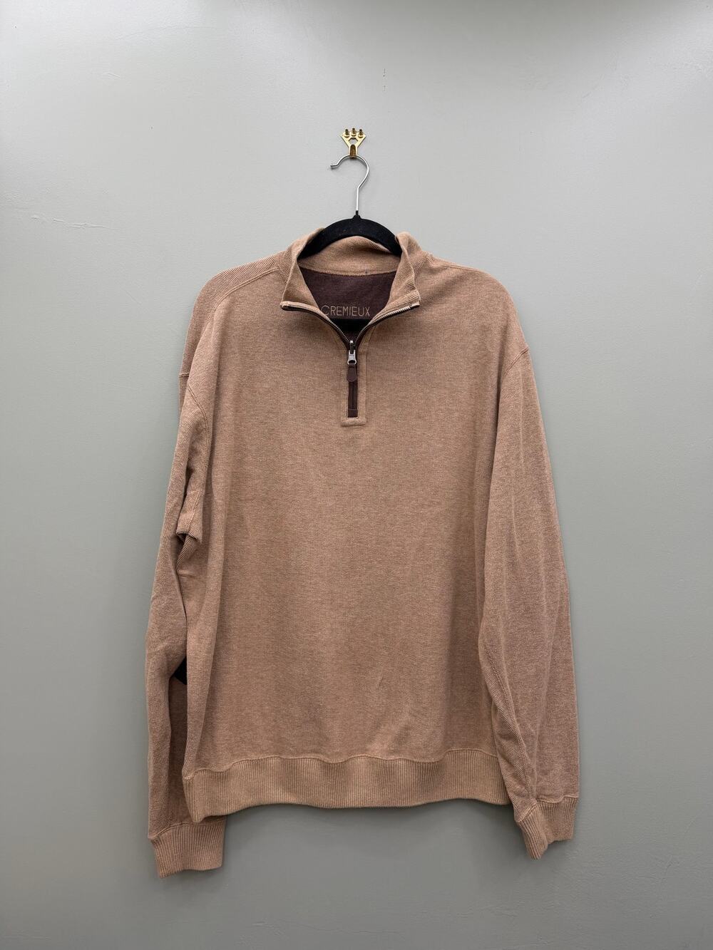Cremieux 100% Cotton Quarter Zip Sweater Pullover Elbow Patches Tan L XL